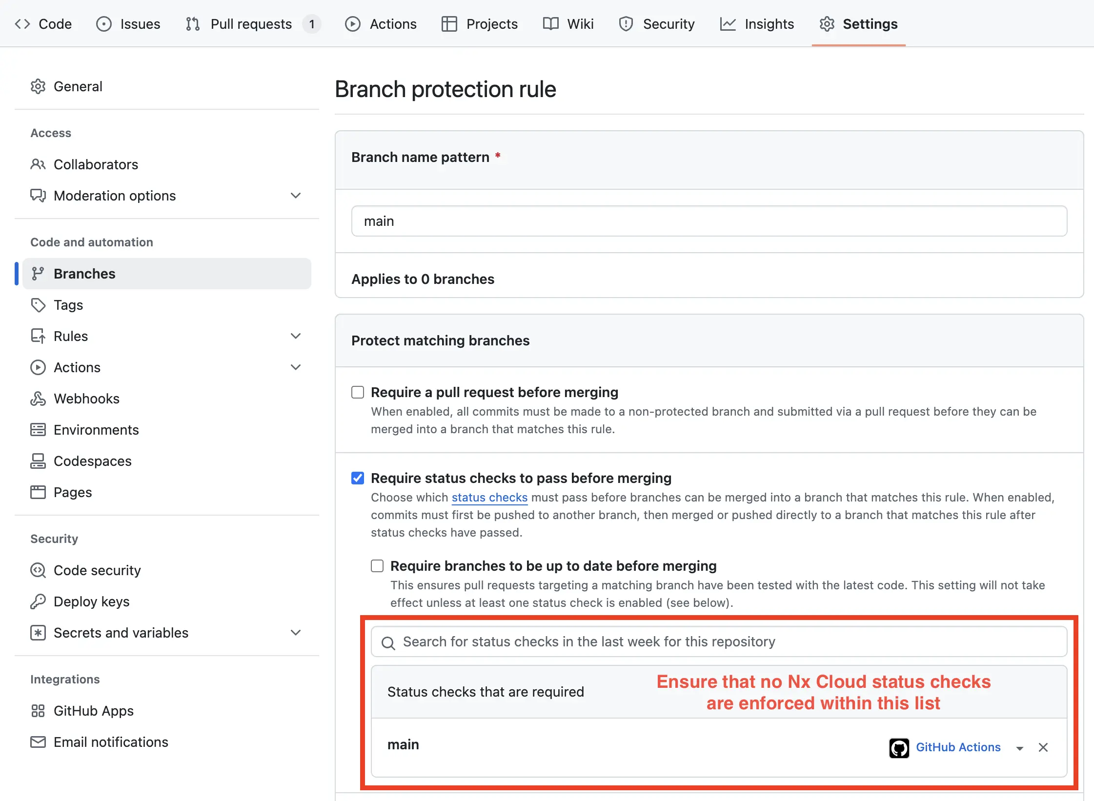 Ensure that any NxCloud status check is deselected from your branch protection rules